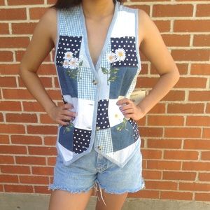 Patchwork flower denim vintage vest